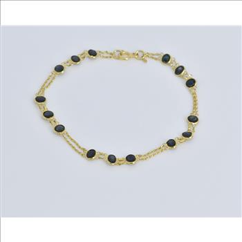 18K Oval Sapphire Vintage Layered Chain Statement Yellow Gold Bracelet 7