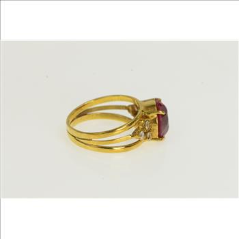 18K Oval Syn. Ruby CZ Cluster Accent Vintage Yellow Gold Ring, Size 8.5