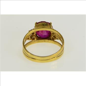 18K Oval Syn. Ruby CZ Cluster Accent Vintage Yellow Gold Ring, Size 8.5
