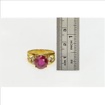 18K Oval Syn. Ruby CZ Cluster Accent Vintage Yellow Gold Ring, Size 8.5