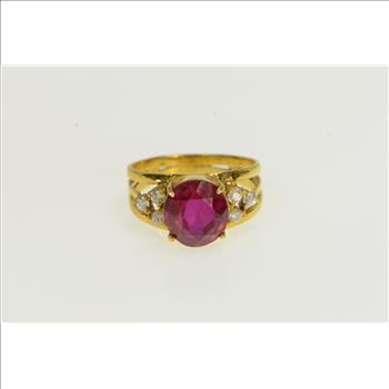 18K Oval Syn. Ruby CZ Cluster Accent Vintage Yellow Gold Ring, Size 8.5