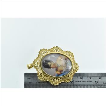 18K Painted Lady Gem Haired Ornate Filigree Yellow Gold Pin/Brooch