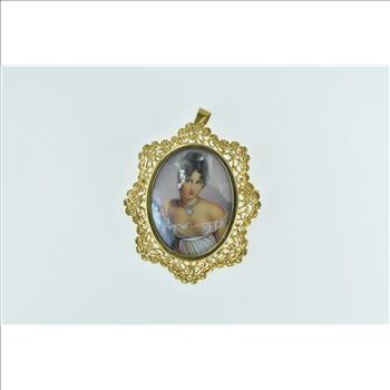 18K Painted Lady Gem Haired Ornate Filigree Yellow Gold Pin/Brooch