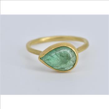18K Pear Bezel Natural Emerald Cabochon Yellow Gold Ring, Size 7