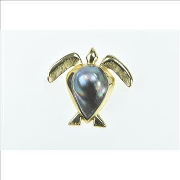 18K Pear Tahitian Pearl Vintage Sea Turtle Ocean Yellow Gold Pendant
