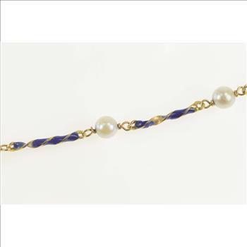 18K Pearl Blue Enamel Twist Bar Statement Yellow Gold Bracelet 7