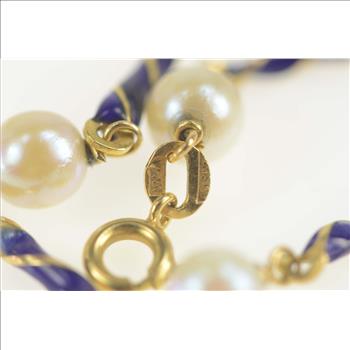 18K Pearl Blue Enamel Twist Bar Statement Yellow Gold Bracelet 7