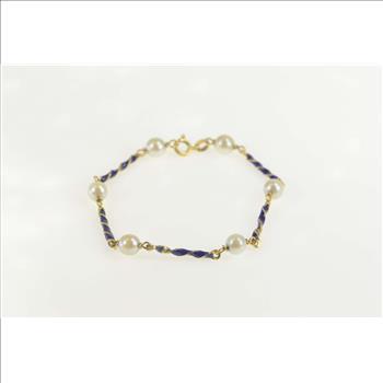 18K Pearl Blue Enamel Twist Bar Statement Yellow Gold Bracelet 7