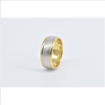 18K Platinum 7.6mm Men's Grooved Wedding Band Yellow Gold Ring, Size 7.75
