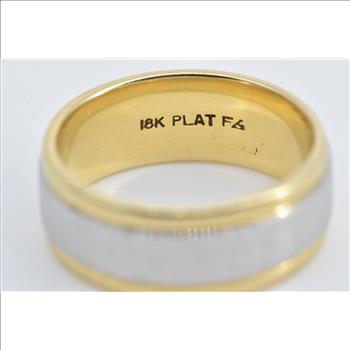 18K Platinum 7.6mm Men's Grooved Wedding Band Yellow Gold Ring, Size 7.75