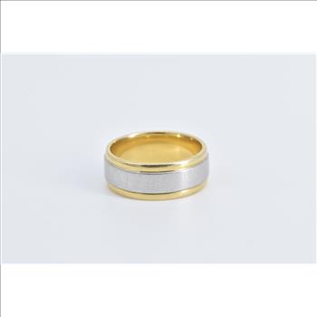 18K Platinum 7.6mm Men's Grooved Wedding Band Yellow Gold Ring, Size 7.75
