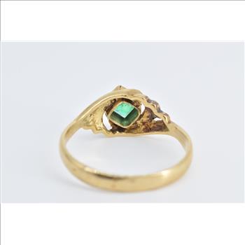 18K Princess Emerald Vintage Swirl Design Yellow Gold Ring, Size 8.25