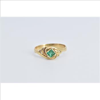 18K Princess Emerald Vintage Swirl Design Yellow Gold Ring, Size 8.25
