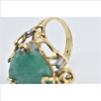 18K Raw Natural Emerald Vintage Tree Cocktail Yellow Gold Ring, Size 6.5