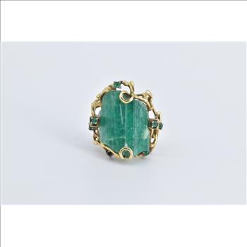 18K Raw Natural Emerald Vintage Tree Cocktail Yellow Gold Ring, Size 6.5
