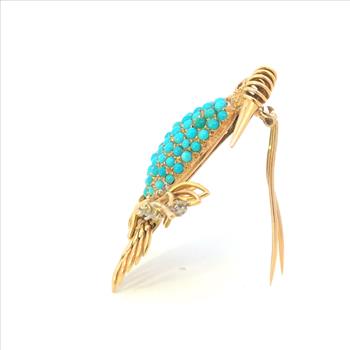 18K Ruby Eye Turquoise Belly Bird Elaborate Branch Yellow Gold Pin/Brooch