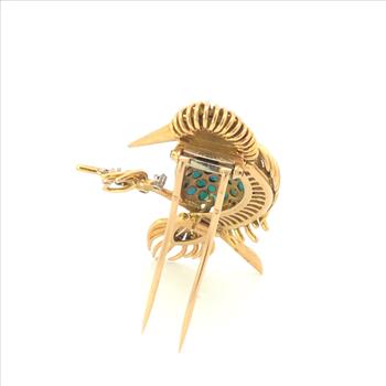 18K Ruby Eye Turquoise Belly Bird Elaborate Branch Yellow Gold Pin/Brooch