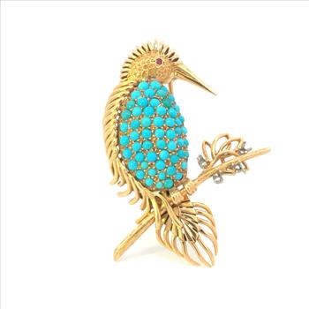 18K Ruby Eye Turquoise Belly Bird Elaborate Branch Yellow Gold Pin/Brooch