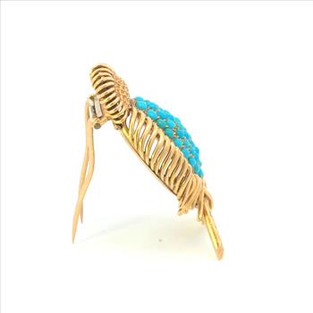 18K Ruby Eye Turquoise Belly Bird Elaborate Branch Yellow Gold Pin/Brooch