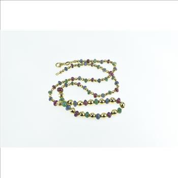 18K Ruby Sapphire Emerald Beaded Italian Designer Yellow Gold Necklace 17