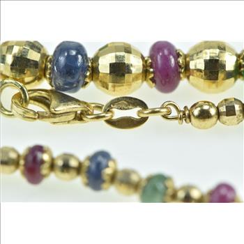 18K Ruby Sapphire Emerald Beaded Italian Designer Yellow Gold Necklace 17