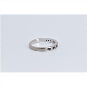 18K Sapphire Diamond Classic Wedding Band White Gold Ring, Size 7.25