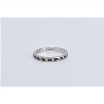 18K Sapphire Diamond Classic Wedding Band White Gold Ring, Size 7.25