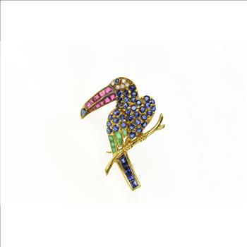 18K Sapphire Diamond Ruby Emerald Parrot Yellow Gold Pin/Brooch