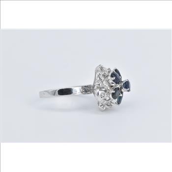 18K Sapphire Flower Natural Diamond Vintage Cocktail White Gold Ring, Size 8