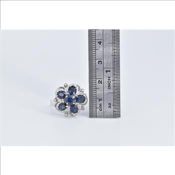 18K Sapphire Flower Natural Diamond Vintage Cocktail White Gold Ring, Size 8