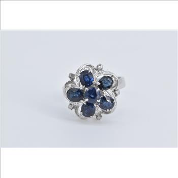 18K Sapphire Flower Natural Diamond Vintage Cocktail White Gold Ring, Size 8