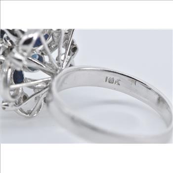 18K Sapphire Flower Natural Diamond Vintage Cocktail White Gold Ring, Size 8