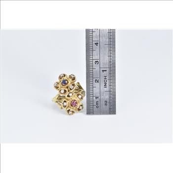 18K Sapphire Ruby Diamond Flower Cluster Vintage Yellow Gold Ring, Size 5.75