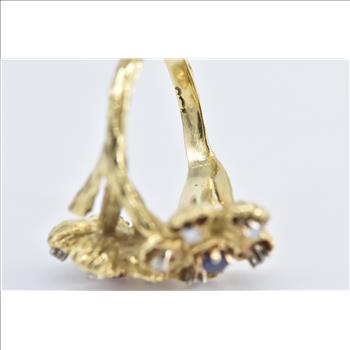 18K Sapphire Ruby Diamond Flower Cluster Vintage Yellow Gold Ring, Size 5.75