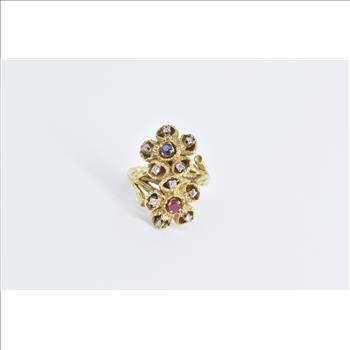 18K Sapphire Ruby Diamond Flower Cluster Vintage Yellow Gold Ring, Size 5.75