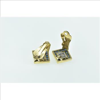 18K Square Diamond Sapphire Statement Clip Yellow Gold Earrings