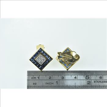 18K Square Diamond Sapphire Statement Clip Yellow Gold Earrings