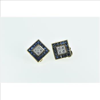 18K Square Diamond Sapphire Statement Clip Yellow Gold Earrings