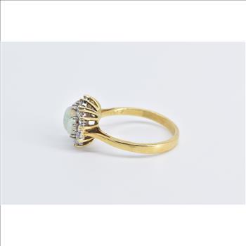 18K Three Stone Opal Diamond Halo Statement Yellow Gold Ring, Size 7.5