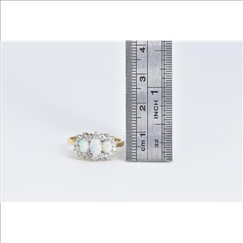 18K Three Stone Opal Diamond Halo Statement Yellow Gold Ring, Size 7.5