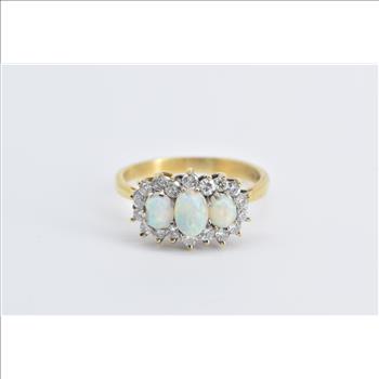 18K Three Stone Opal Diamond Halo Statement Yellow Gold Ring, Size 7.5