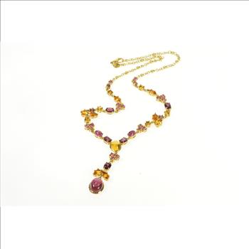 18K Tourmaline Citrine Floral Drop Statement Yellow Gold Necklace 17