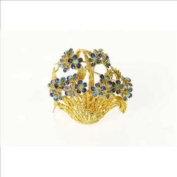 18K Turquoise Enamel Flower Bouquet Basket Yellow Gold Pin/Brooch