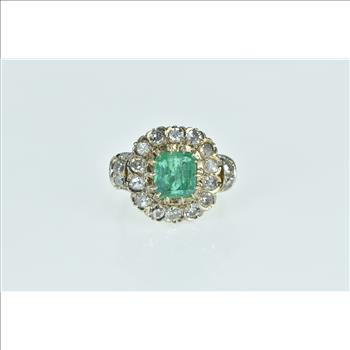 18K Victorian 3.00 Ctw Emerald Diamond Engagement White Gold Ring, Size 6.75