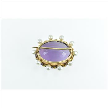 18K Victorian Oval Amethyst Pearl Ornate Statement Yellow Gold Pin/Brooch