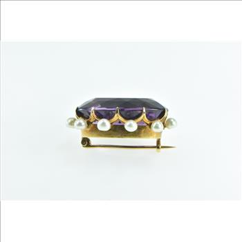 18K Victorian Oval Amethyst Pearl Ornate Statement Yellow Gold Pin/Brooch