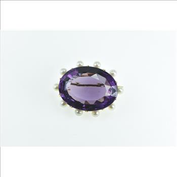 18K Victorian Oval Amethyst Pearl Ornate Statement Yellow Gold Pin/Brooch