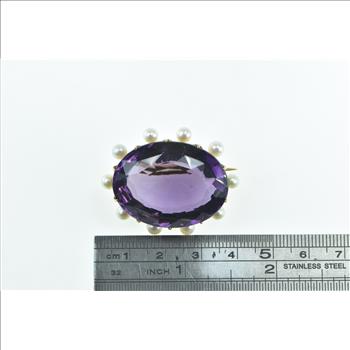 18K Victorian Oval Amethyst Pearl Ornate Statement Yellow Gold Pin/Brooch