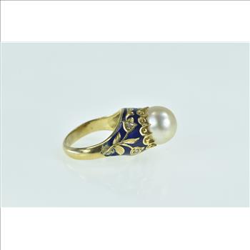 18K Victorian Pearl Enamel Rose Diamond Floral Yellow Gold Ring, Size 5.25