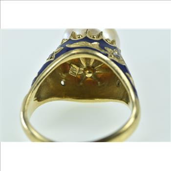 18K Victorian Pearl Enamel Rose Diamond Floral Yellow Gold Ring, Size 5.25